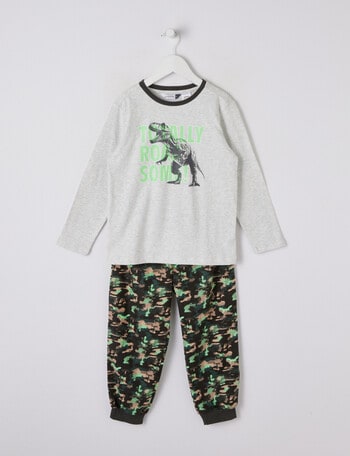 Sleep Mode Totally Roarsome Knit Flannel PJ Set, Grey & Black, 2-8 product photo