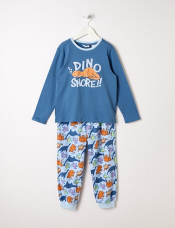Sleep Mode Dino Snore Knit Flannel PJ Set, Blue, 2-8 product photo