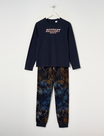 Sleep Squad Restart Tomorrow Knit Flannel PJ Set, Navy, 8-16 product photo
