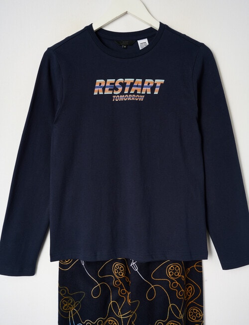 Sleep Squad Restart Tomorrow Knit Flannel PJ Set, Navy, 8-16 product photo View 02 L