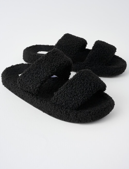 Whistle Sleep Teddy Double Strap Slide Slippers, Black product photo View 02 L