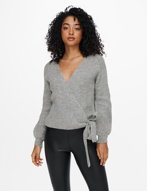 ONLY Mia Long Sleeve Wrap Knit Cardigan, Light Grey Melange product photo