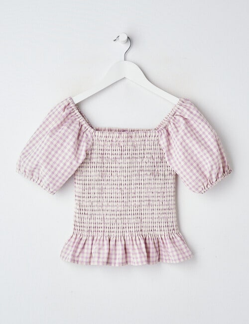 Switch Short Sleeve Shirred Top Gingham, Lavender product photo