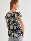 Oliver Black Yellow Floral V Neck Flutter Sleeve Top, Navy product photo View 02 S