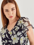 Oliver Black Yellow Floral V Neck Flutter Sleeve Top, Navy product photo View 04 S