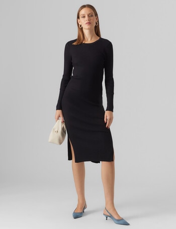 Vero Moda Glory Rib Long Sleeve O-Neck Calf Dress, Black product photo