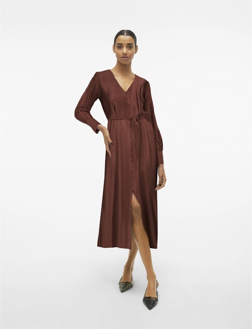 Vero Moda Brita Berta Long Sleeve Midi Dress, Chocolate Fondant product photo View 03 L