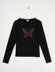 Switch Long Sleeve Rib Tee Diamante Butterfly, Black product photo