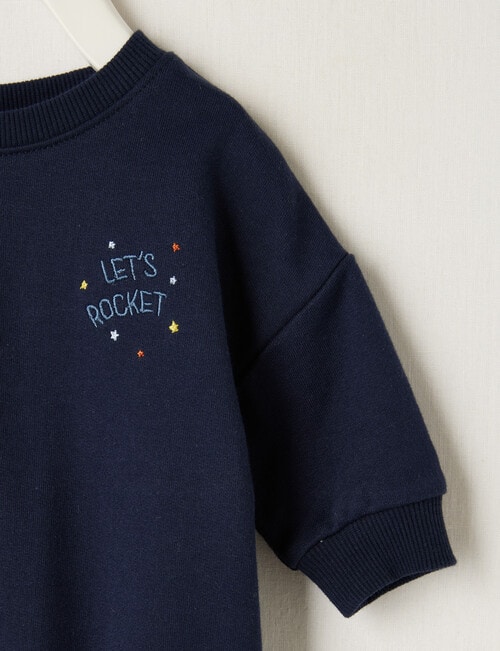 Teeny Weeny Rocket Terry Long Sleeve Bodysuit, Navy product photo View 02 L