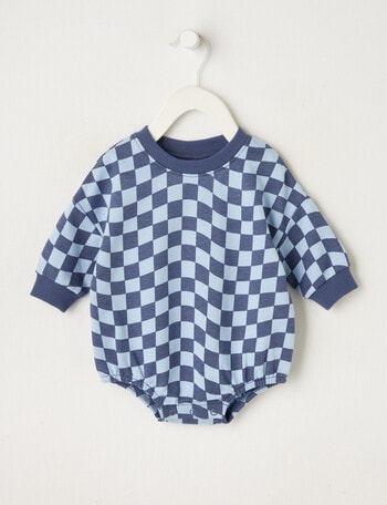 Teeny Weeny Check Terry Long Sleeve Bodysuit, Blue product photo