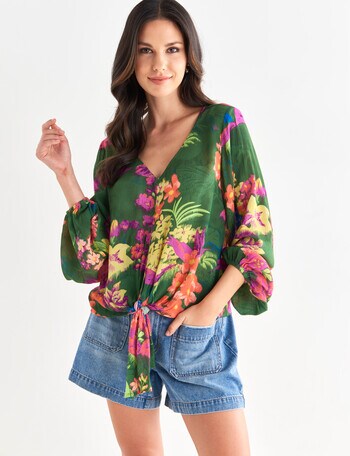 Whistle Tropical Print V-Neck Tie Front Blouse, Green product photo