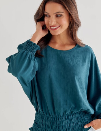 Whistle 3/4 Shirred Hem Top, Jade Green product photo