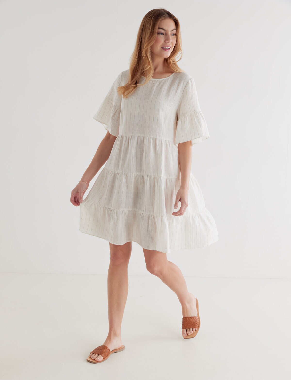 Zest Tiered Yarn Dye Linen Dress, Ivory Stripe - Dresses