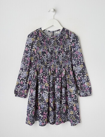 Mac & Ellie Floral Shirred Long Sleeve Dress, Navy product photo