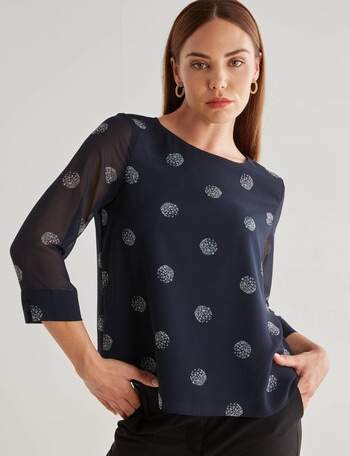 Oliver Black Bloom Spot 3/4 Sleeve Double Layer Top, Navy & White product photo