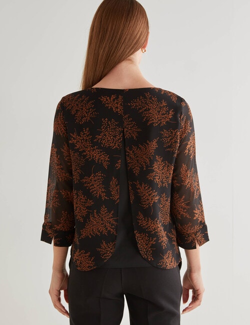Oliver Black Floral 3/4 Sleeve Double Layer Top, Black & Brown product photo View 02 L