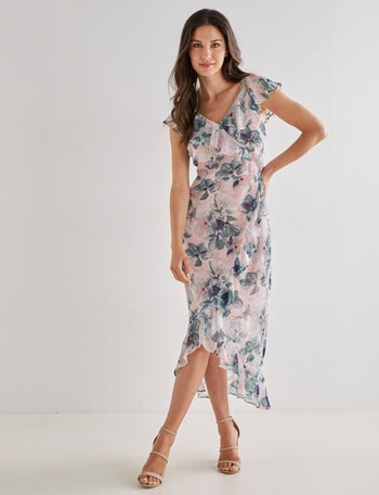 Harlow Floral Short Sleeve Ruffle Dress, Mauve product photo
