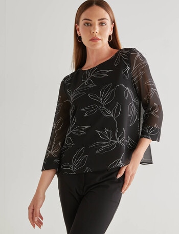 Oliver Black Stencil Floral 3/4 Double Layer Top, Black & White product photo