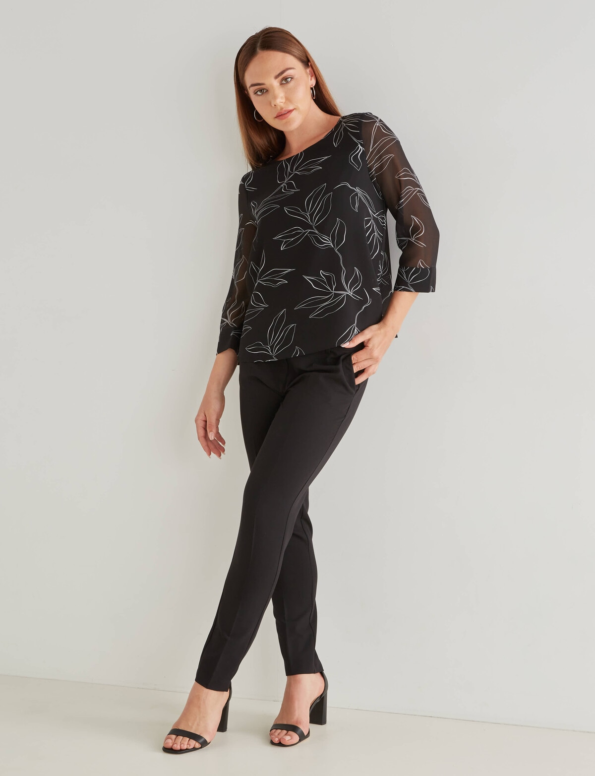 Oliver Black Stencil Floral 3/4 Double Layer Top, Black & White - Tops