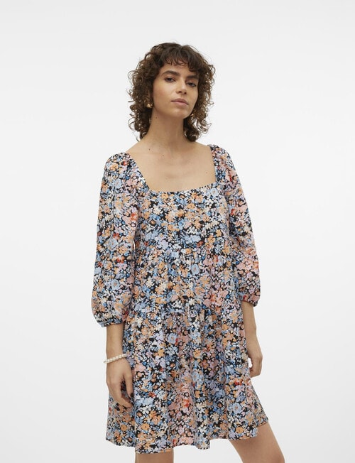 Vero Moda Ginny Fabi 3/4 Sleeve Short Dress, Black product photo