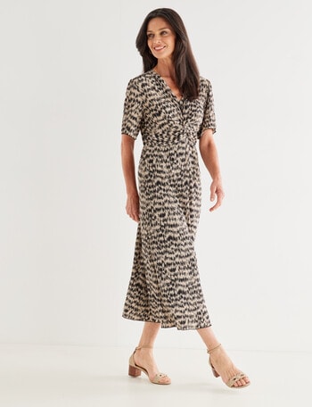 Ella J Print Knot Front Dress, Black & Beige product photo