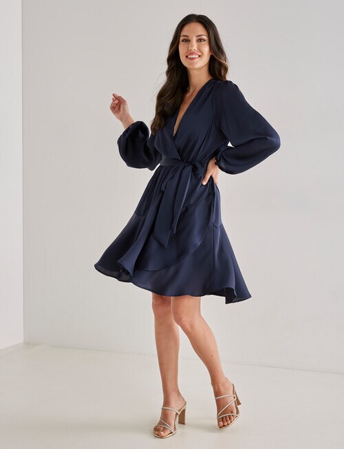 Harlow Long Sleeve Wrap Party Dress, Navy Dresses