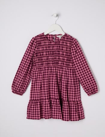 Mac & Ellie Gingham Long Sleeve Shirred Dress, Cerise & Plum product photo