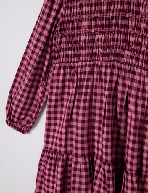 Mac & Ellie Gingham Long Sleeve Shirred Dress, Cerise & Plum product photo View 02 L