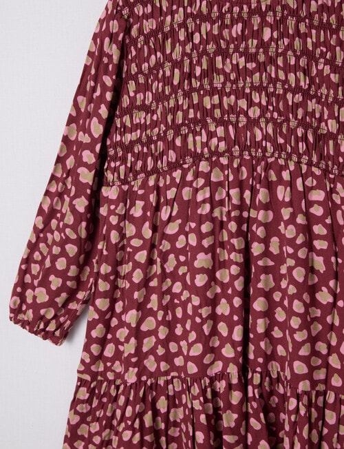 Mac & Ellie Animal Long Sleeve Shirred Dress, Plum product photo View 02 L