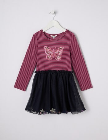 Mac & Ellie Butterfly Long Sleeve Tulle Pompom Dress, Cerise & Navy product photo