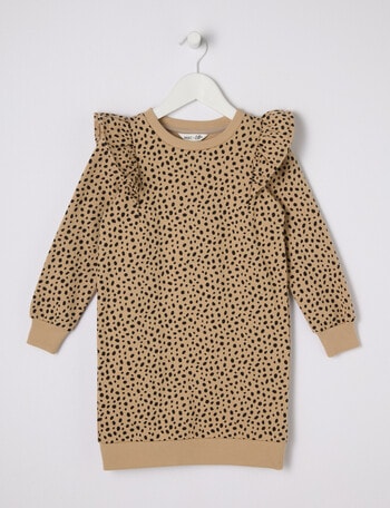 Mac & Ellie Animal Long Sleeve Fleece Frill Dress, Tan product photo