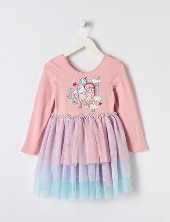 Mac & Ellie Unicorn Long Sleeve Knit Tulle Dress, Dusty Pink product photo