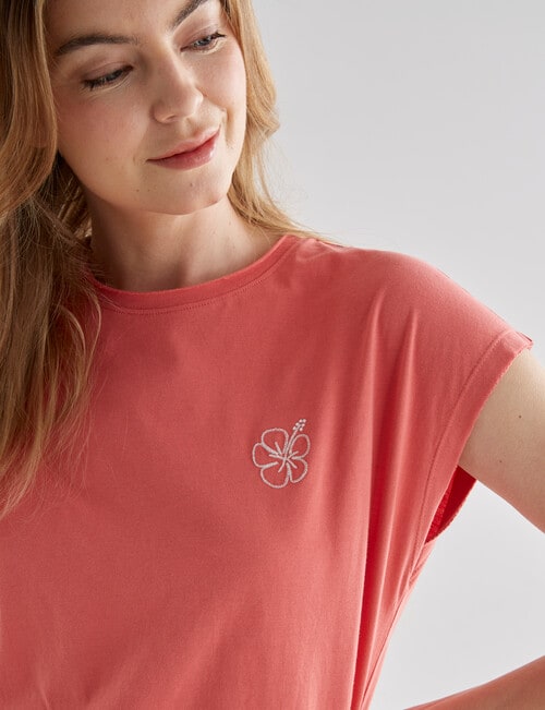 Zest Sleep Hibiscus Raw Edge Short Sleeve Tee, Coral, 8-18 product photo View 04 L
