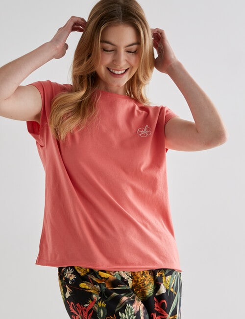 Zest Sleep Hibiscus Raw Edge Short Sleeve Tee, Coral, 8-18 product photo View 05 L