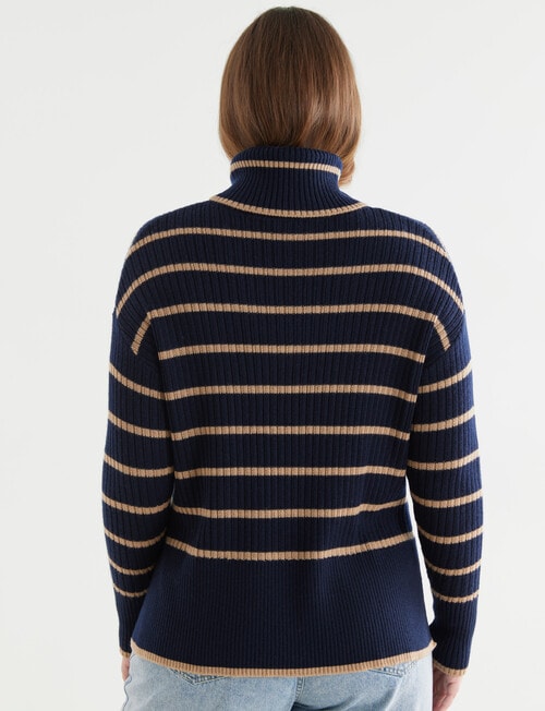 North South Merino Stripe Textured Roll Neck Jumper, Navy & Caramel product photo View 02 L