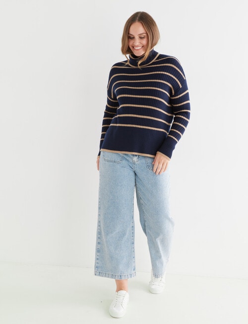 North South Merino Stripe Textured Roll Neck Jumper, Navy & Caramel product photo View 03 L