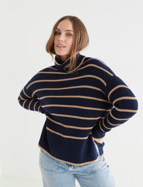 North South Merino Stripe Textured Roll Neck Jumper, Navy & Caramel product photo View 04 L