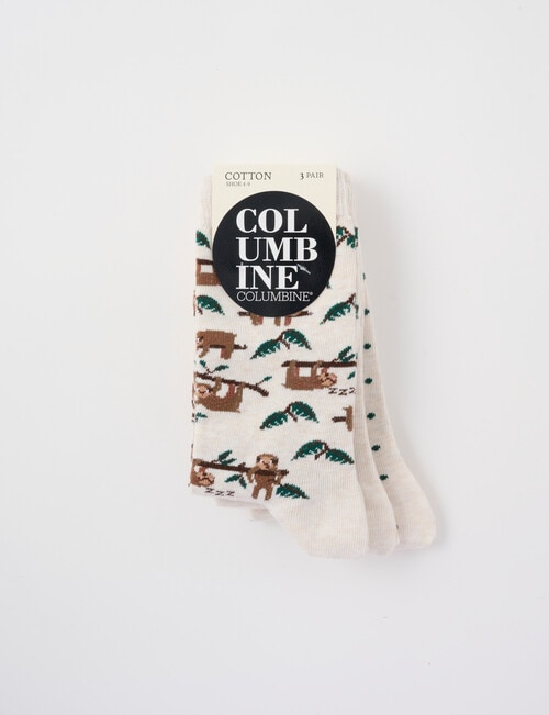Columbine Cotton Crew Sock, 3-Pack, Sloths Oatmeal product photo View 02 L