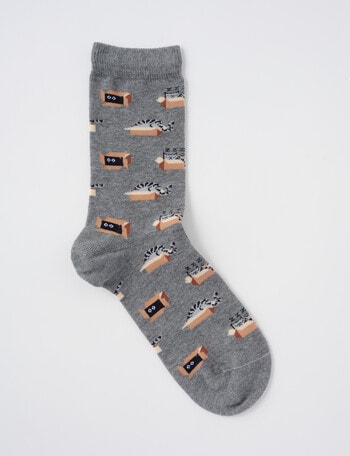 Columbine Cats Cotton Crew Sock, Grey Marle product photo