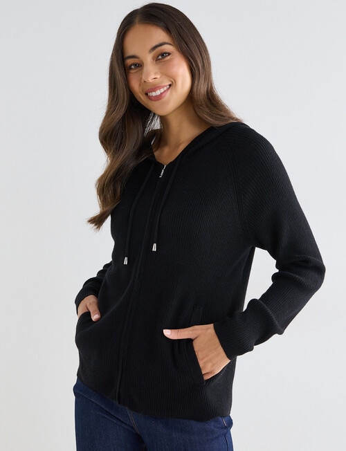 North South Merino Blend Ribbed Zip Thru Hoodie, Black product photo