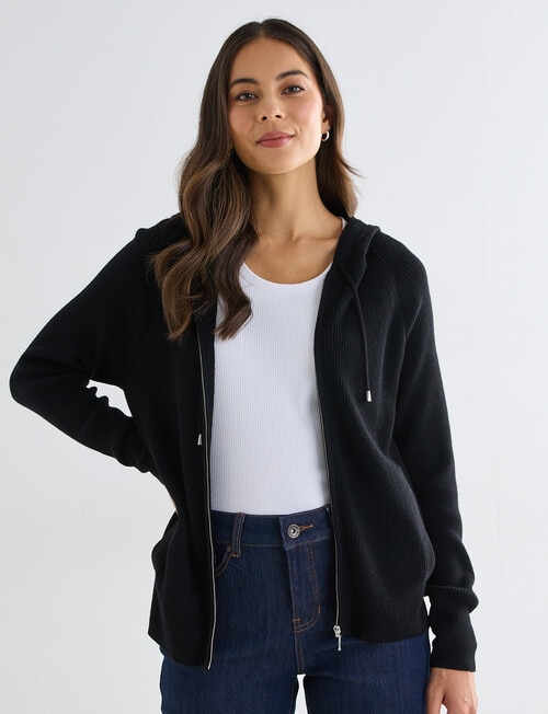 North South Merino Blend Ribbed Zip Thru Hoodie, Black product photo View 07 L