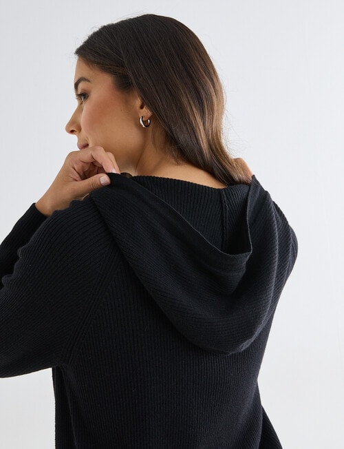 North South Merino Blend Ribbed Zip Thru Hoodie, Black product photo View 06 L