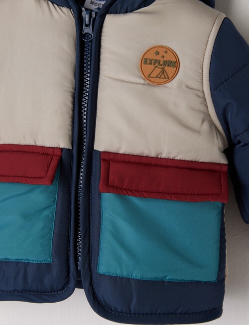 Teeny Weeny Colour Block Puffer Jacket, Blue & Red product photo View 03 L