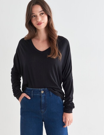 North South Merino Ruched Sleeve V-Neck Top, Black product photo