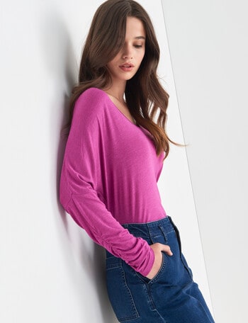 North South Merino Ruched Sleeve V-Neck Top, Magenta product photo