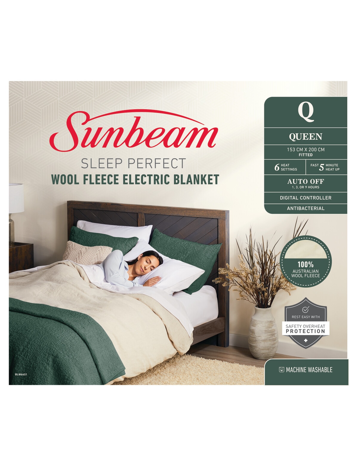 Sunbeam Sleep Perfect Antibacterial Wool Fleece Electric Blanket