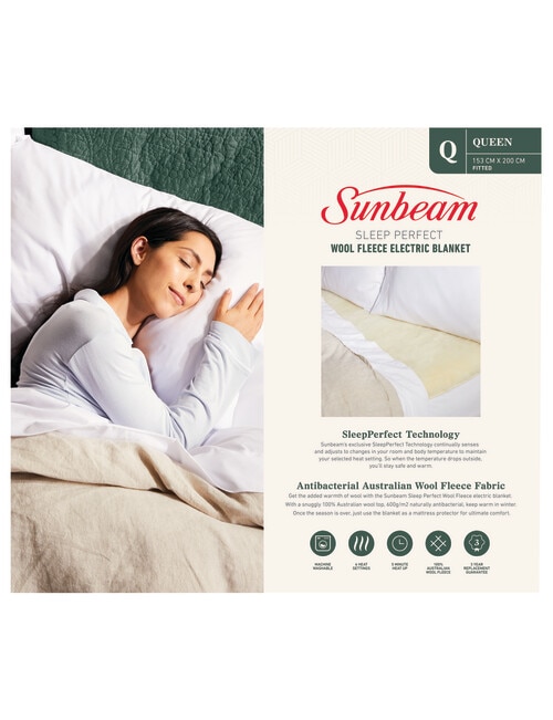 Sunbeam Sleep Perfect Antibacterial Wool Fleece Electric Blanket, Queen product photo View 02 L