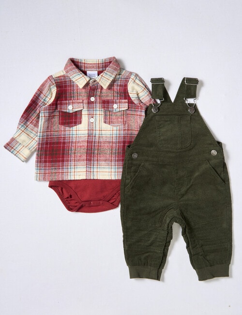 Teeny Weeny Cord Overall & Flannel Bodysuit Shirt Set, 2-Piece, Racing Green & Wine product photo