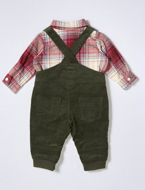 Teeny Weeny Cord Overall & Flannel Bodysuit Shirt Set, 2-Piece, Racing Green & Wine product photo View 02 L