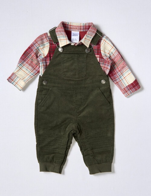 Teeny Weeny Cord Overall & Flannel Bodysuit Shirt Set, 2-Piece, Racing Green & Wine product photo View 03 L